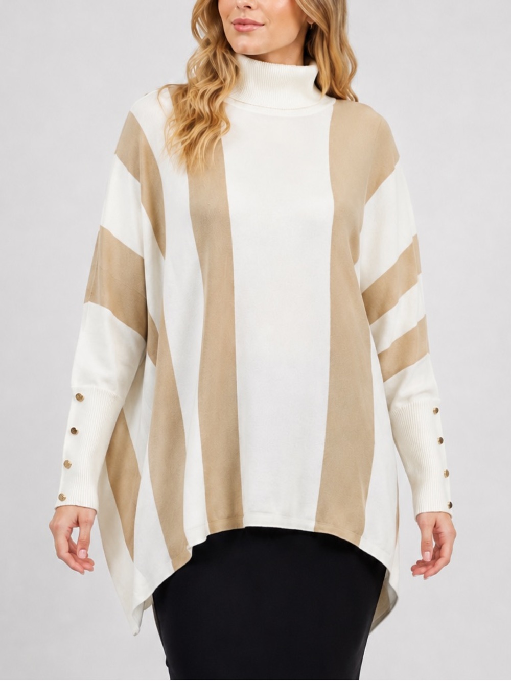 🆕🌾JM Collection Plus Sweater Poncho 1X Beige White Stripe Mock Cozy Soft Knit